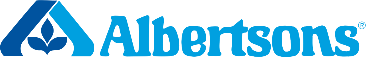 Blue and white logo for Albertsons with leaf pattern on the left