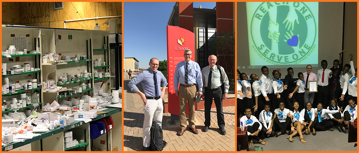 A pharmacy in Namibia is overrun with prescription bottles and supplies, Drs. Dave Hachey, Rex Force and Jonathan Cree outside the University of Namibia and UNAM health professions students in the Reach One, Serve One organization