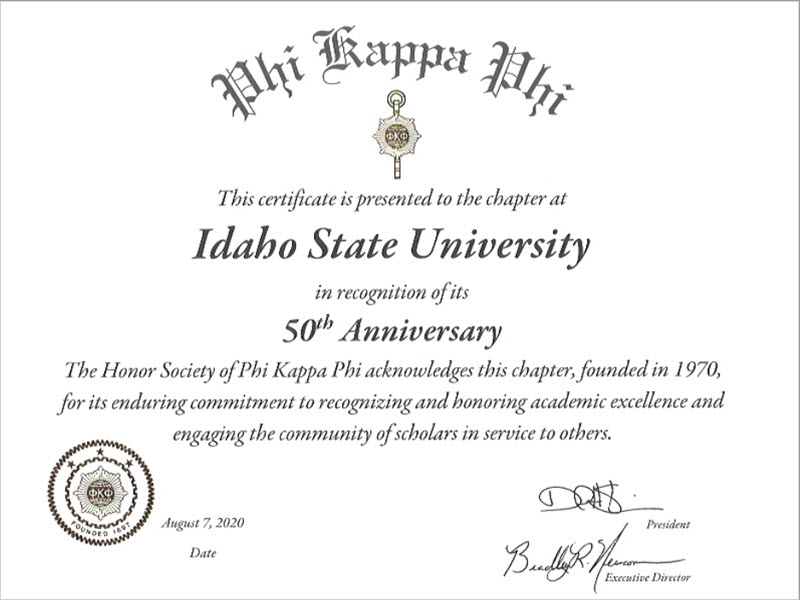 Certificate recognizing the 50th Anniversary of the ISU chapter of Phi Kappa Phi