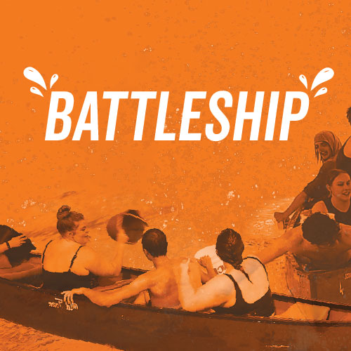 Orange and balck photo of students in Canoes with buckets particpating in Battleship in the pool