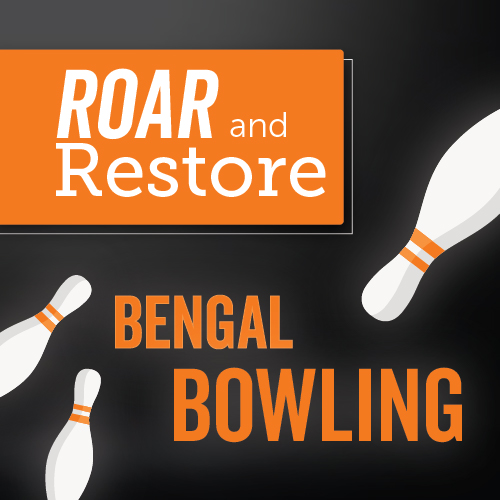 White bowling pins on a black background surround the text 