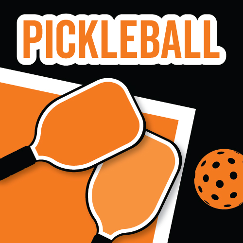 Two orange pickleball paddles lay on an orange and black background.