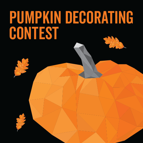 Geometric pumpkin on a black background with fall leaves