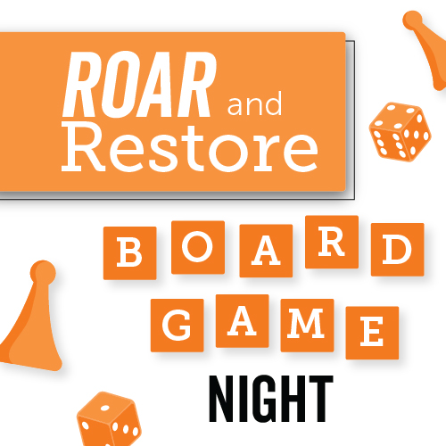 Scrabble letter tiles spell out Board Game Night, surrounded by other game pieces and dice.