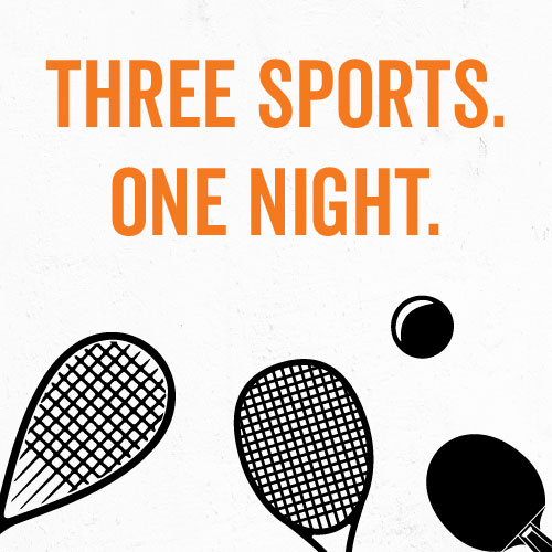 Raquetball, tennis and table tennis raquets on a white background with the words