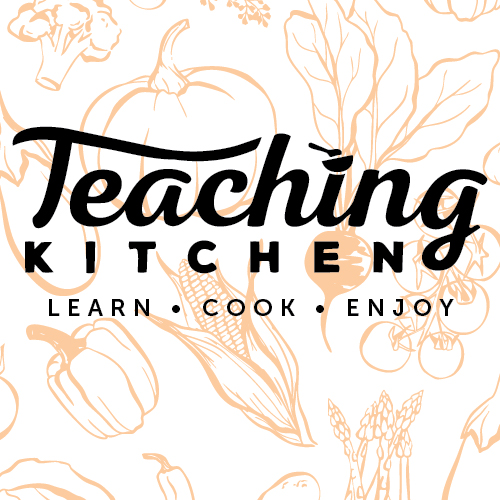 Outlines of various fruits and veggies behind Teaching Kitchen Logo