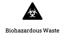 Biohazard symbol in a black upwards triangle with the words biohazardous waste under the pictogram