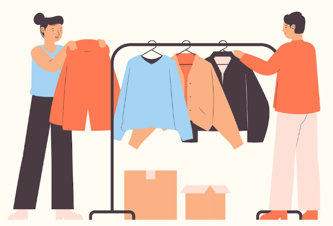 2D illustration of two people browsing clothing on a rack
