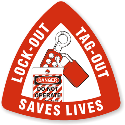 logo with phrase 'lock out tag out saves lives' on it