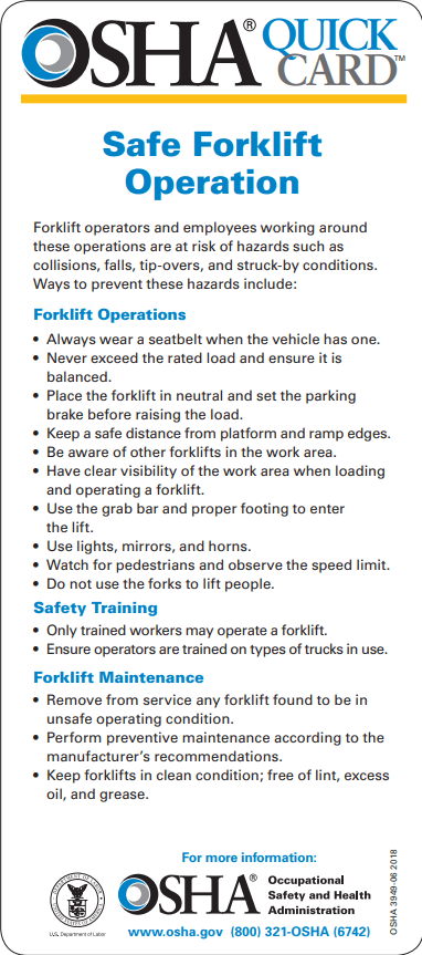 OSHA forklift quick reference card