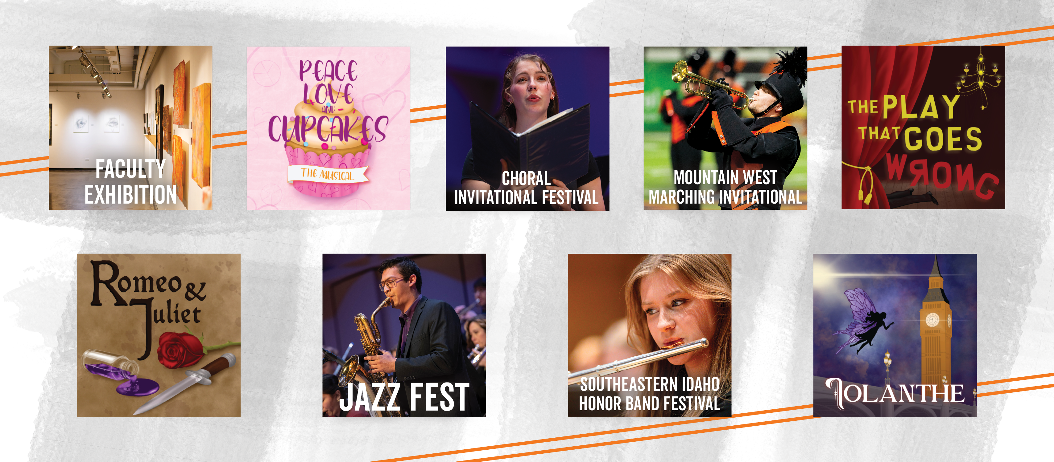 Graphics for 9 featured arts events