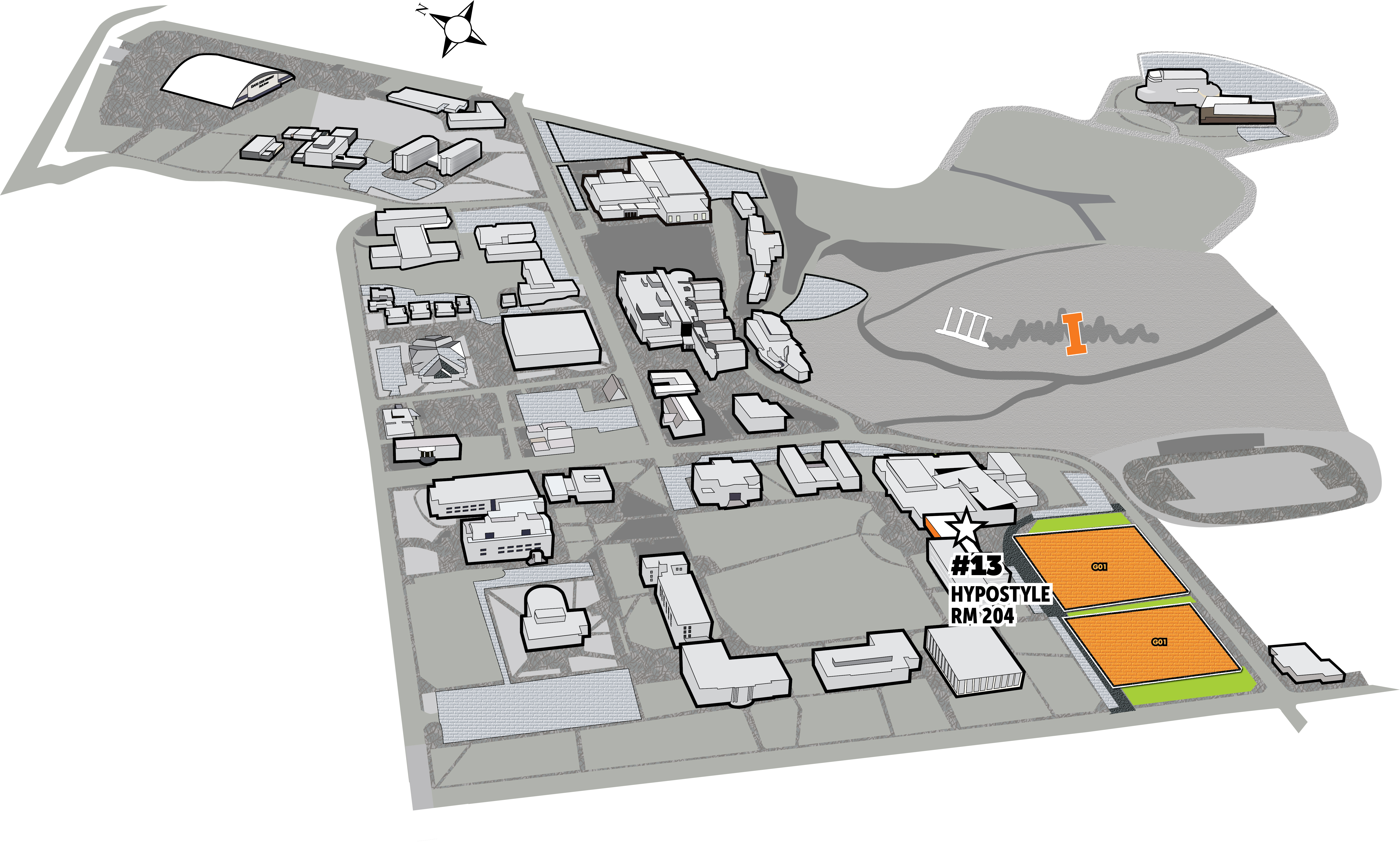 A map of campus, highlighting the Hypostyle building between the SUB and museum.