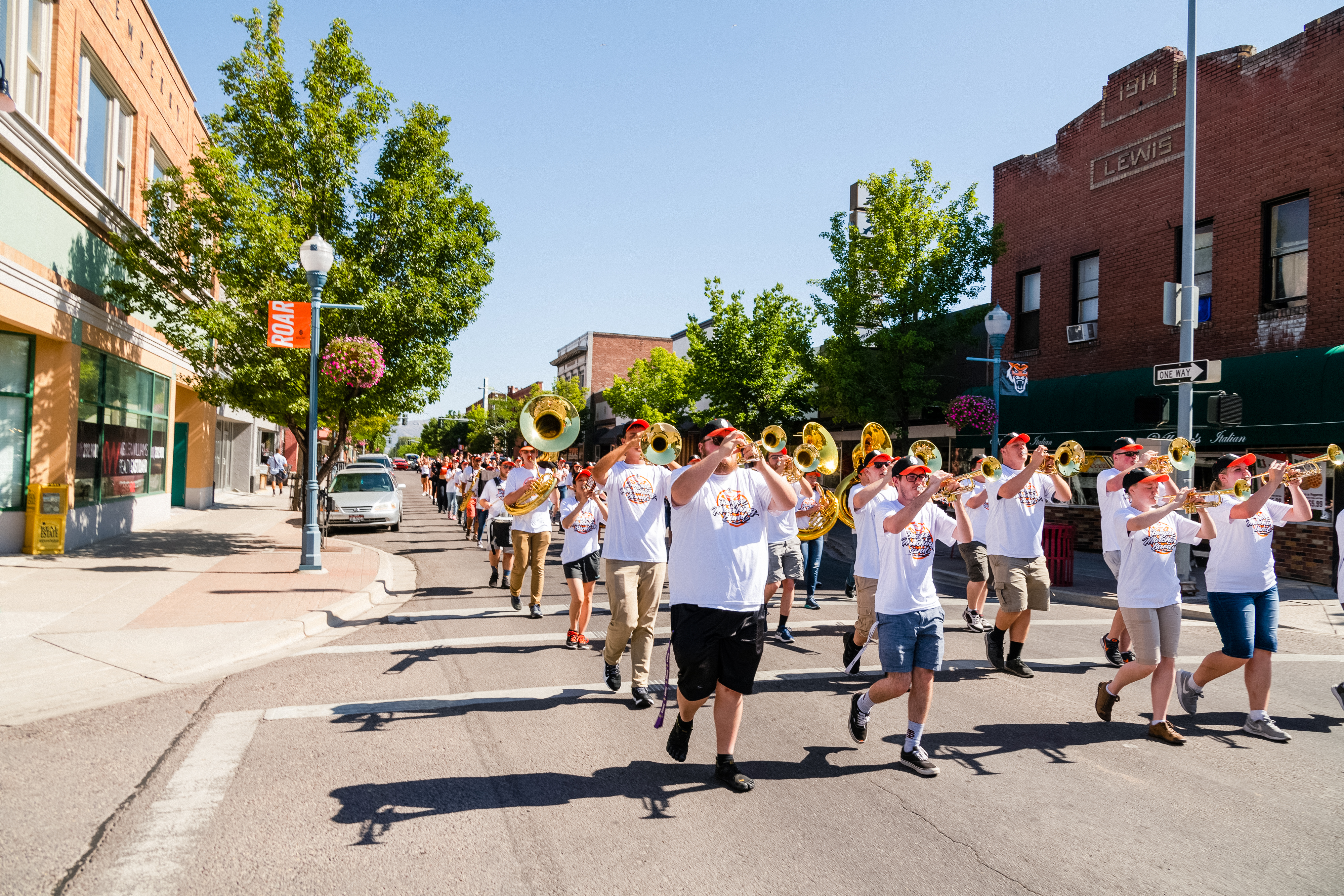 The ISU marching band playing in a parade in Old Town, Pocatello.