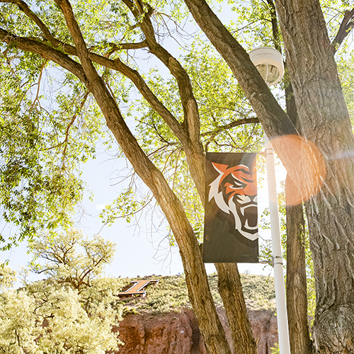 An ISU Banner in front of Red Hill