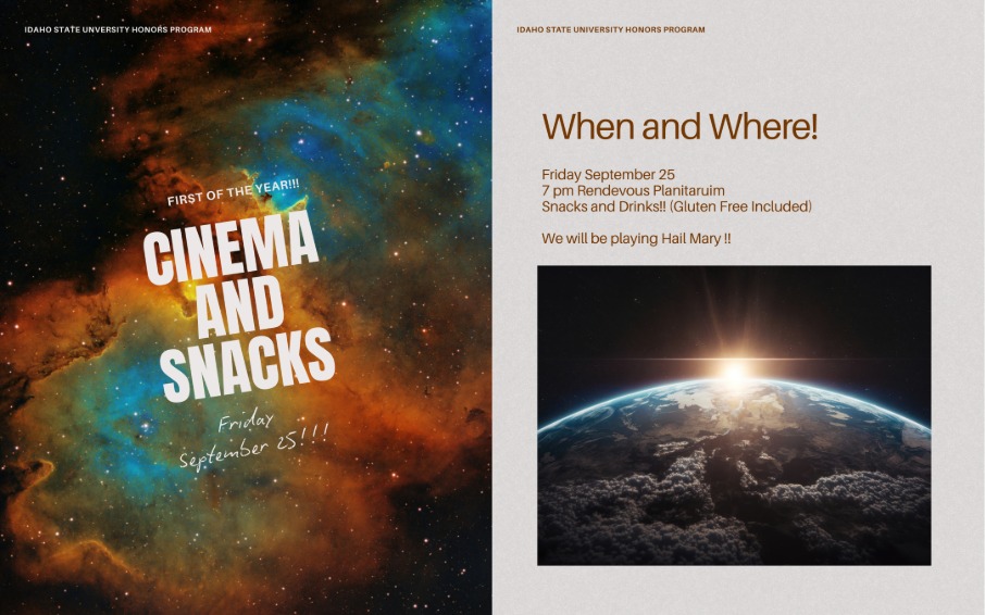 Event flyer split into two columns. On the left, set against a colorful space nebula background, bold white text reads