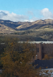 A view of the mountains seen behind the administration building on ISU