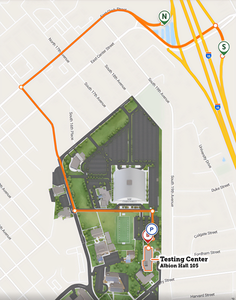Map showing route from I-15 Clark Street exists to the Testing Center on the ISU Campus.