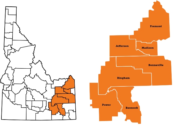 Idaho with these counties highlighted: Bannock, Bingham, Bonneville, Fremont, Jefferson, Power, Madison