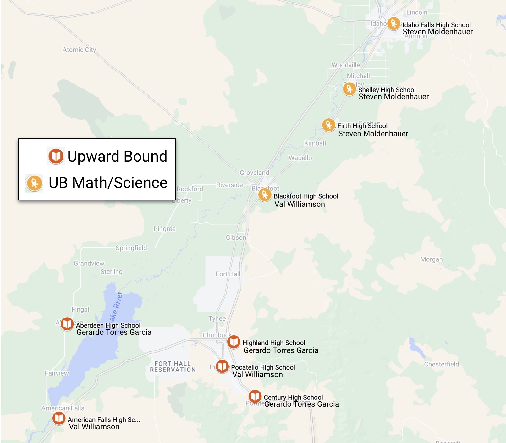 Map of high schools served by Upward Bound Programs