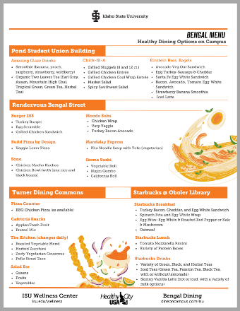 Bengal Menu of Healthy Food Options on ISU Campus