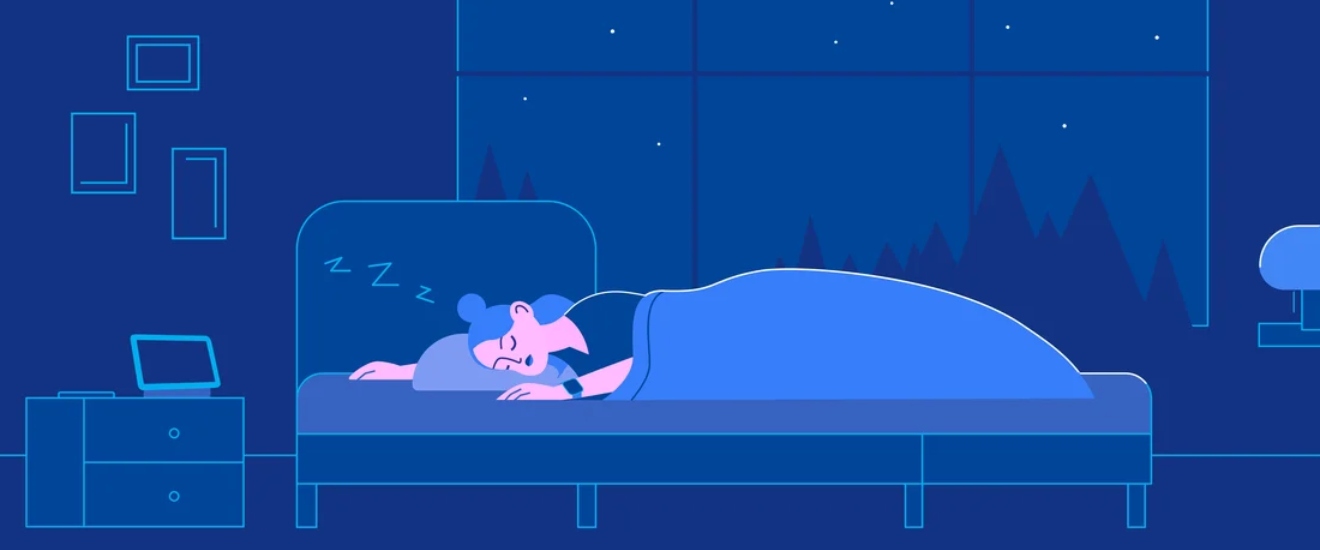 illustration of a person sleeping on a bed at night
