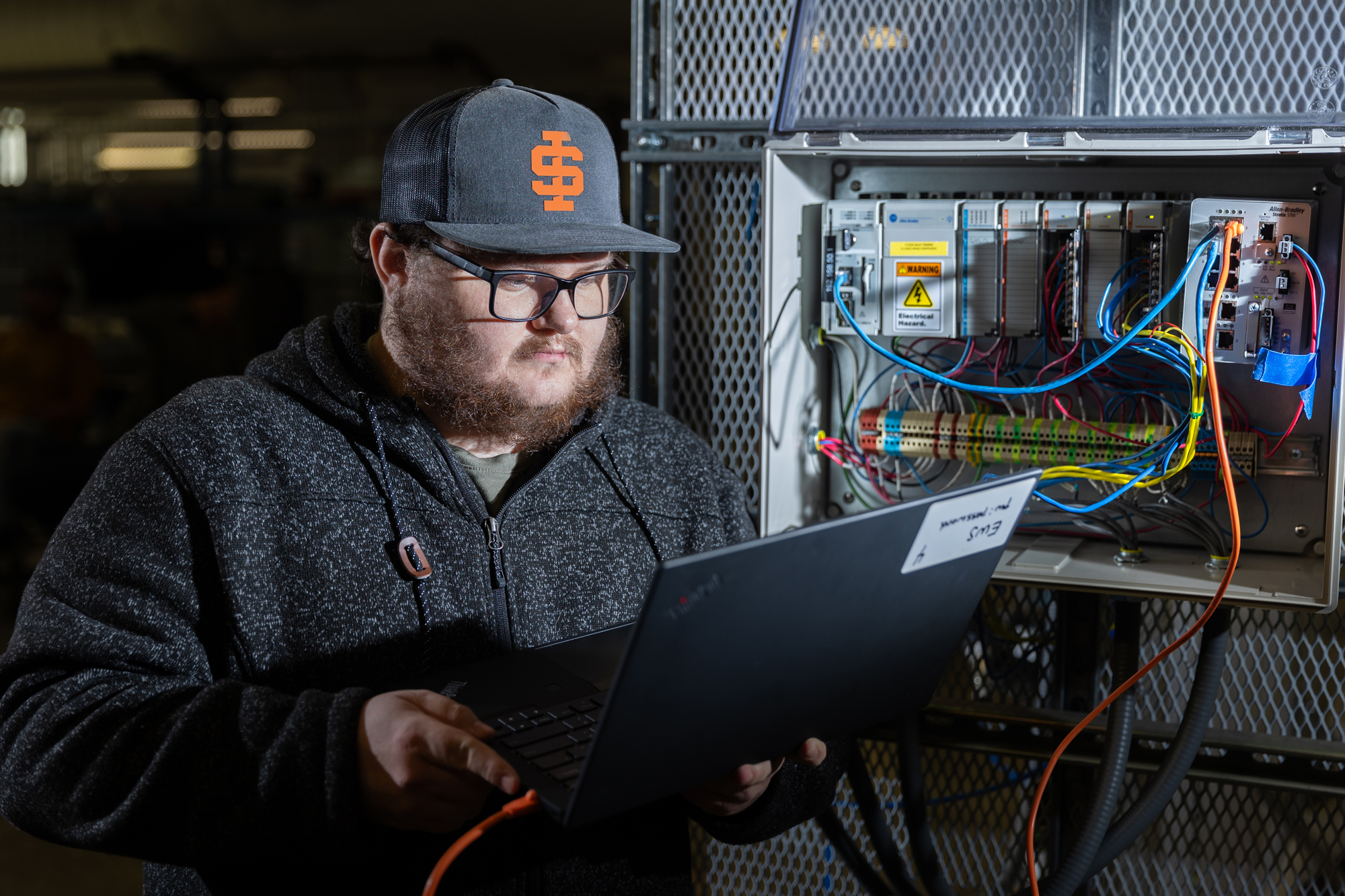 Man works on computer