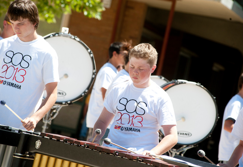 Drummers practicing on the quad at a previous marching academy.