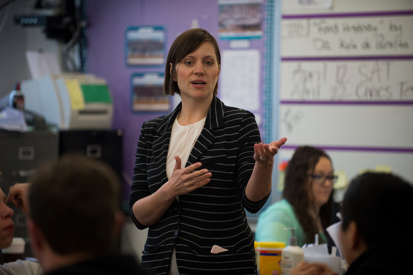 Idaho State University history professor Katy Kole de Peralta visits students at Century High School and gives a presentation on history and food. 