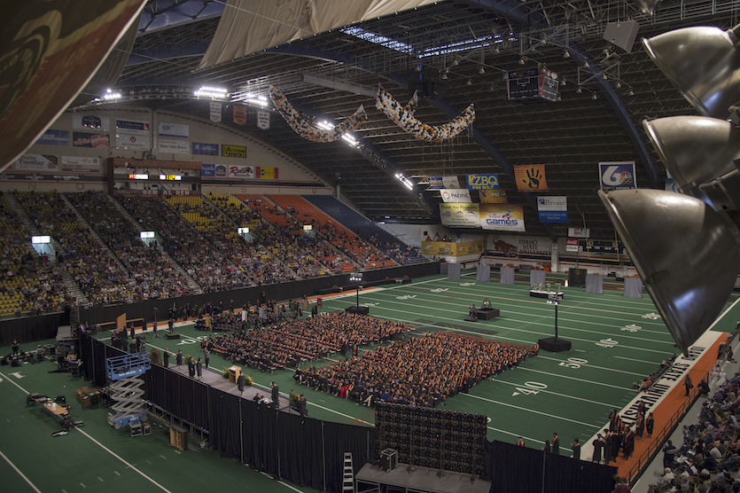Commencement exercises in holt arena photographed from up high.