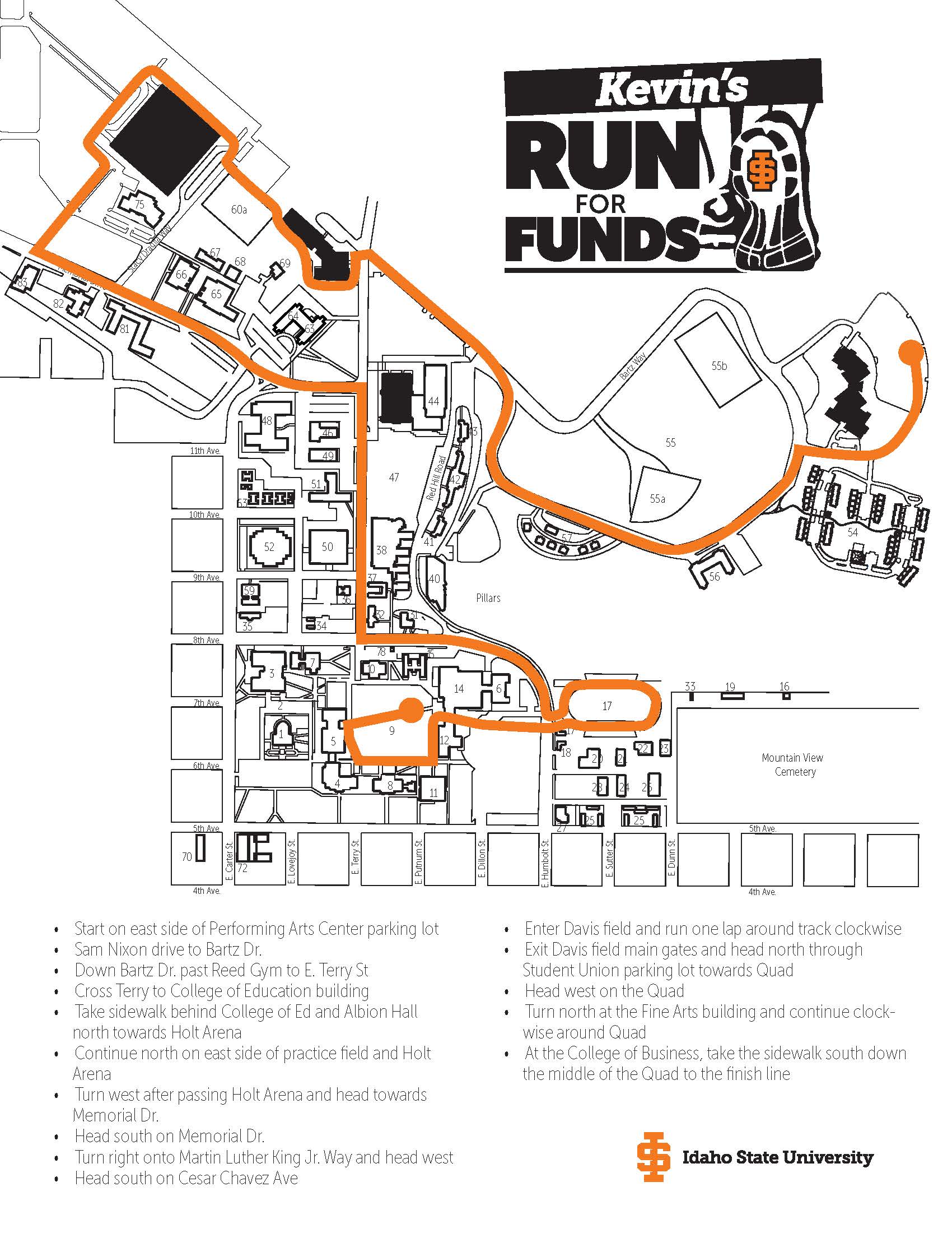 A map of Kevin's Run for Funds route
