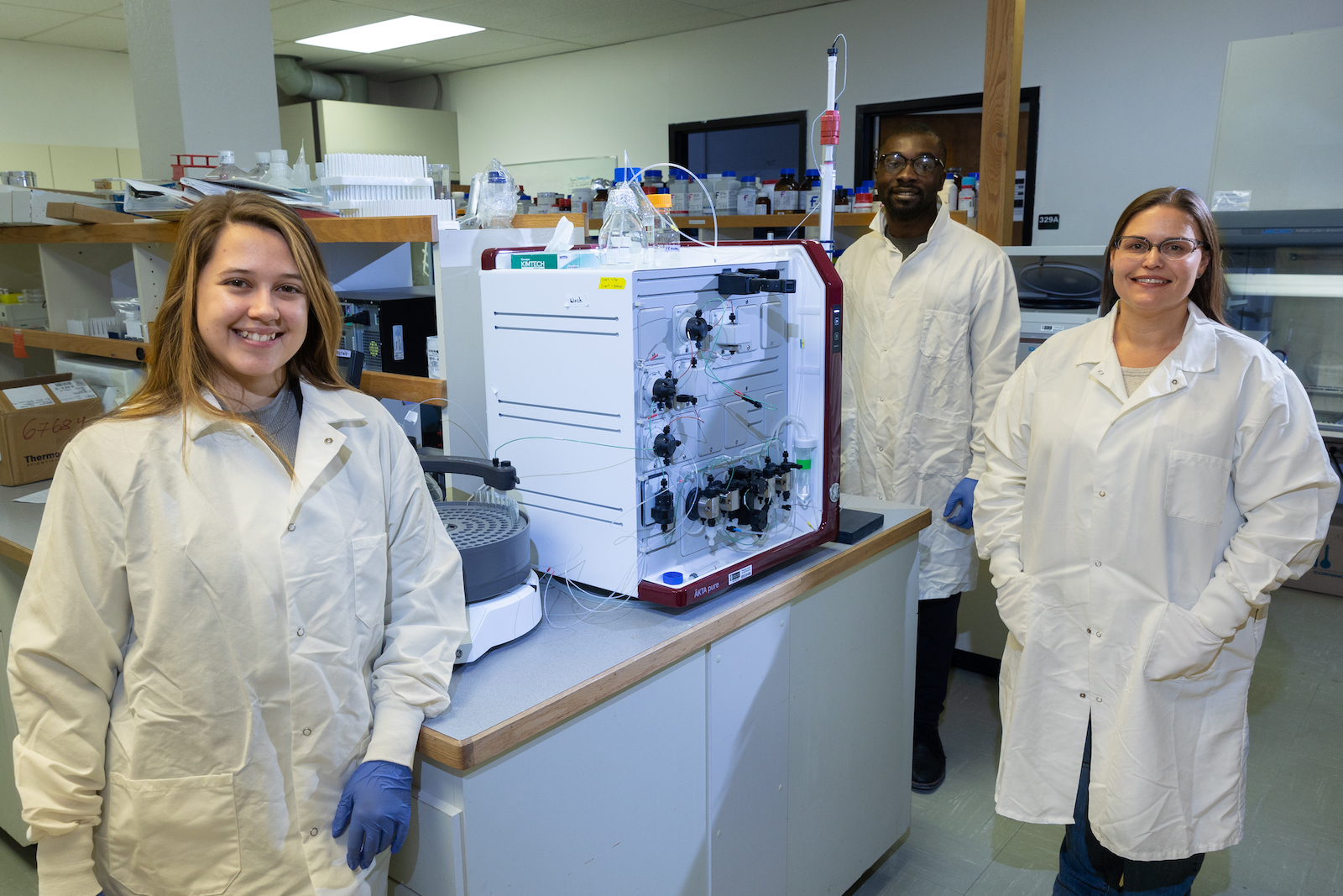 Crystal Lovato, undergraduate student, Reuben Opoku, master’s student, and Julia Martin, associate professor in Idaho State University’s Department of Biological Sciences, pose for a photo in a lab on ISU’s Pocatello campus.