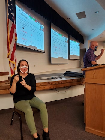 Nichole Stanton, sign language interpreter and accessibility specialist for Disability Services, signs for an anatomy and physiology class last fall.