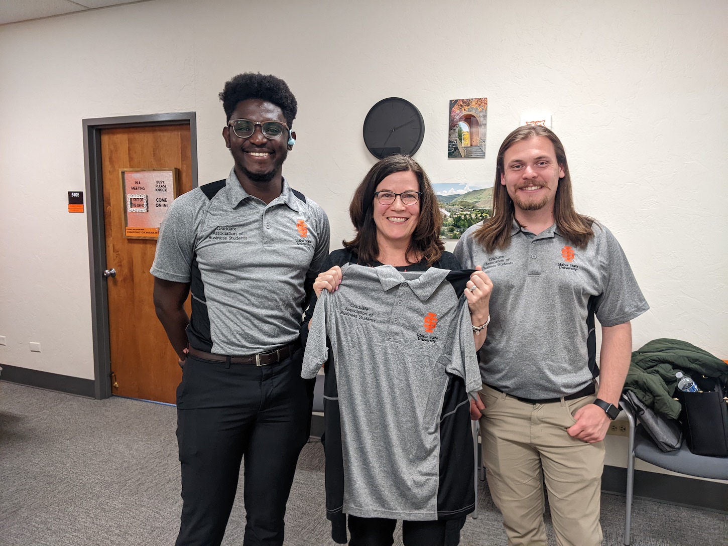 Trisa Clemons (center) stands with past Graduate Association of Business Students President, Joe Fosu and Incoming President, Taylor Cusack during her GABS Executive Speaker Series visit.