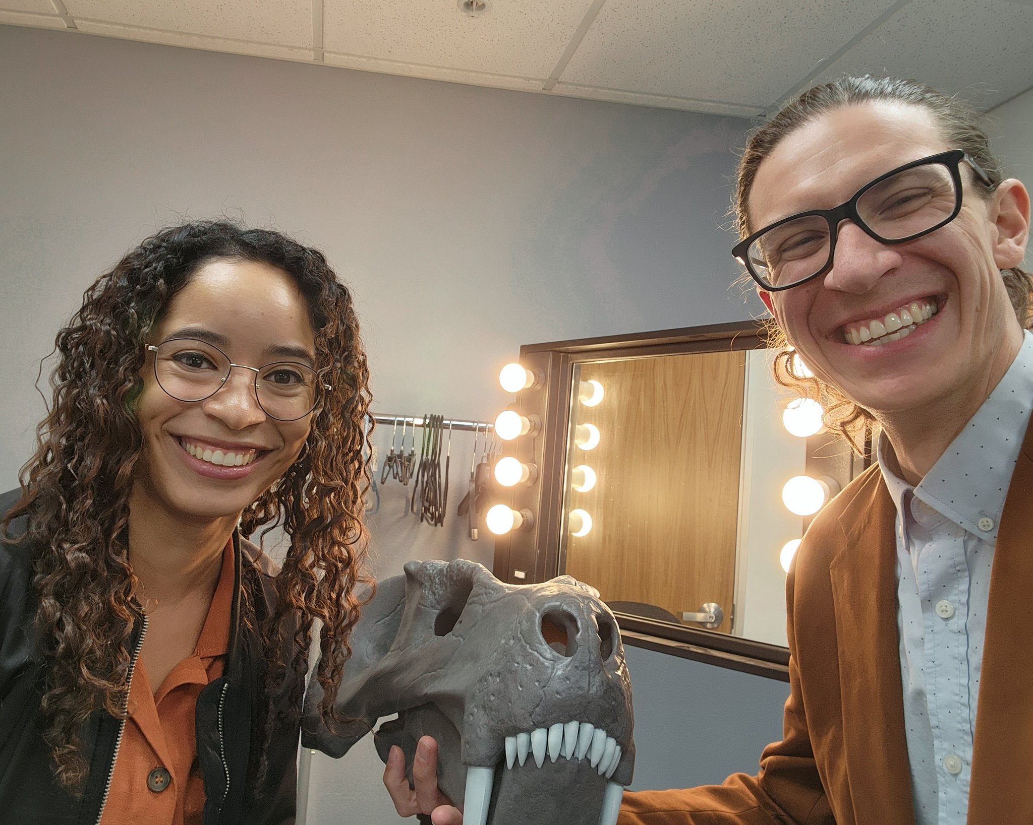 Brandon Peecock and Kiersten Pormoso pose for a photo in the green room while filming Ancient Earth: Inferno