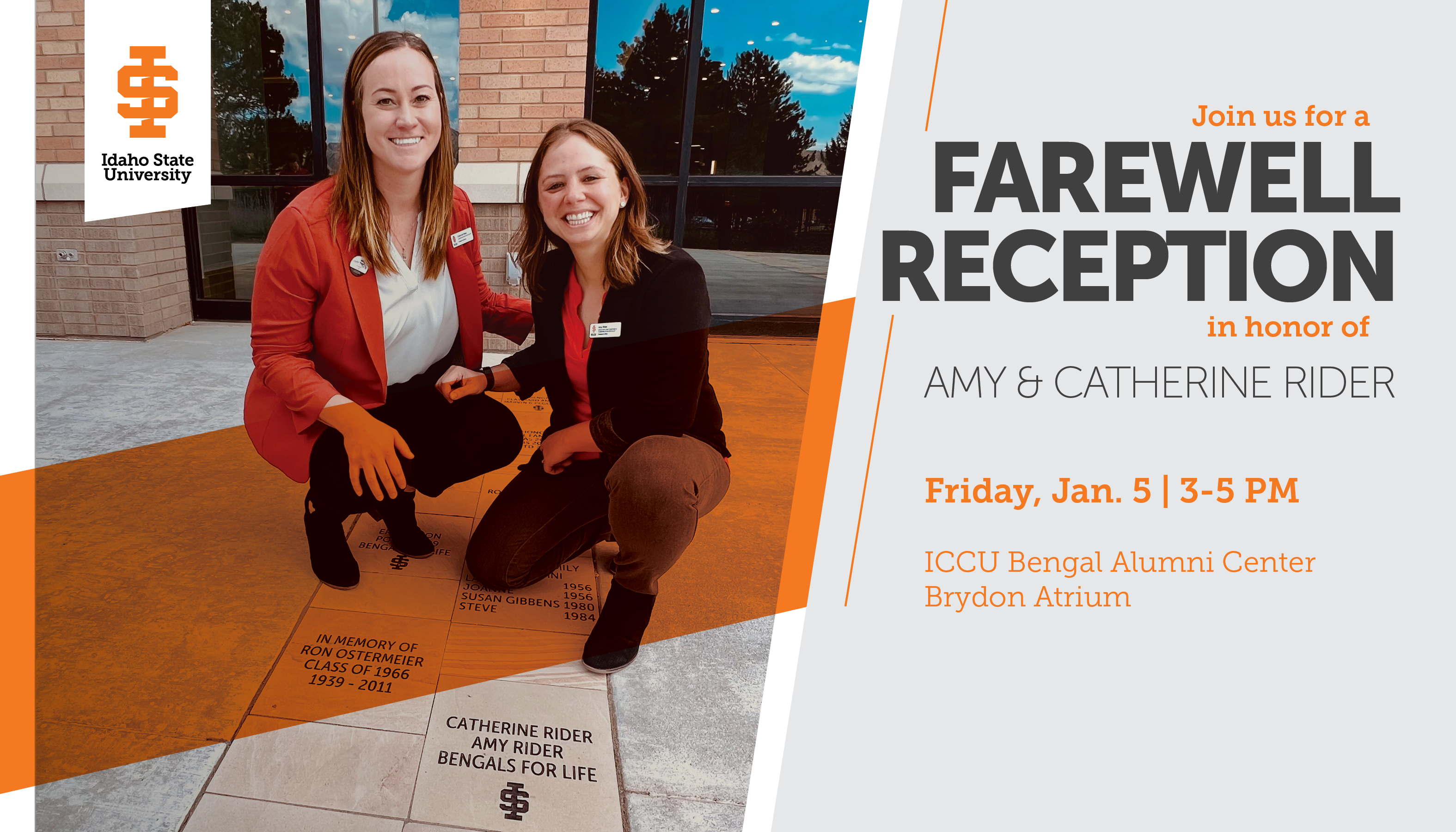 Farewell reception for Catherine and Amy Rider January 5 from 3 to 5 pm at the ICCU Bengal Alumni Center
