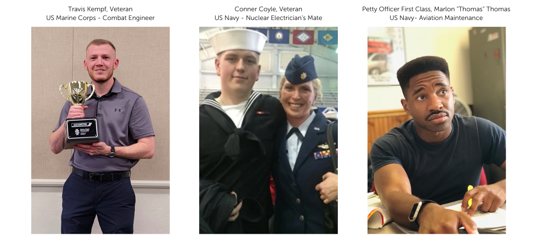 Veteran students Travis Kempf, Connor Coyle and Marion 