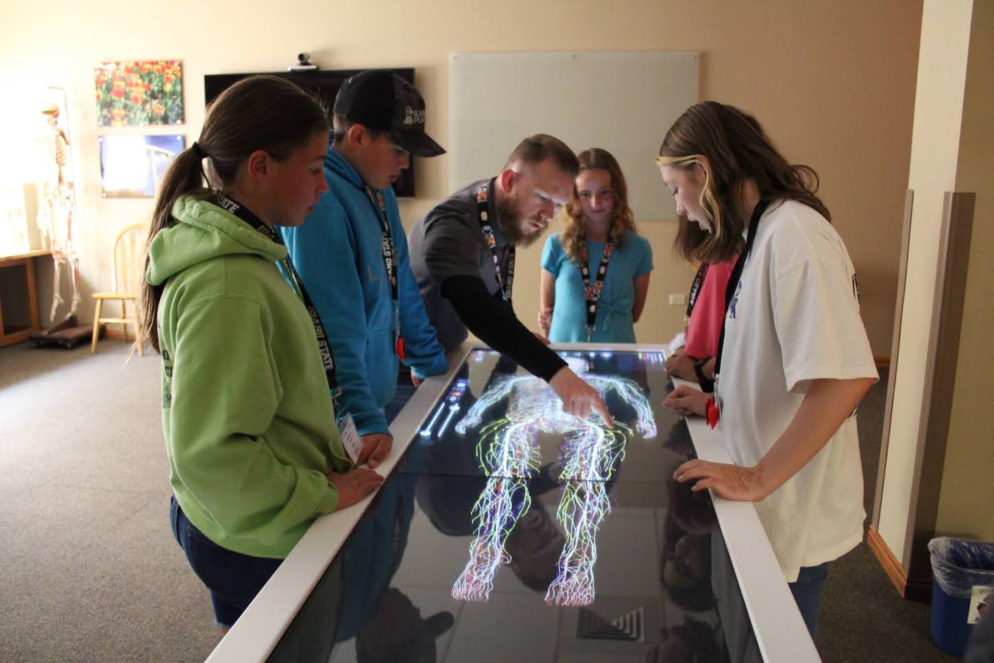 A group of students look at a light-up board with a skeleton