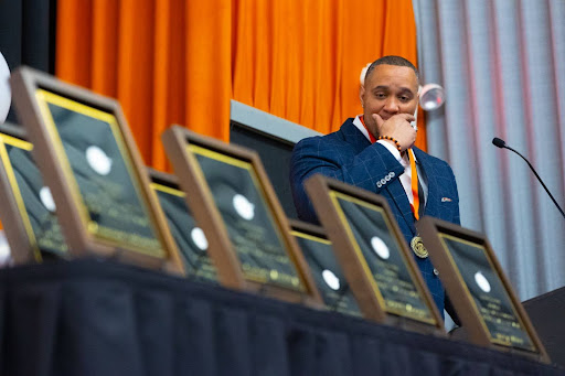 An emotional moment as an inductee is added into the ISU Sports Hall of Fame