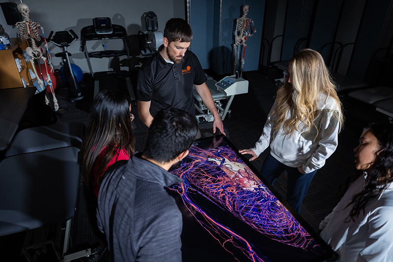 Students gather around a portable Anatomage table