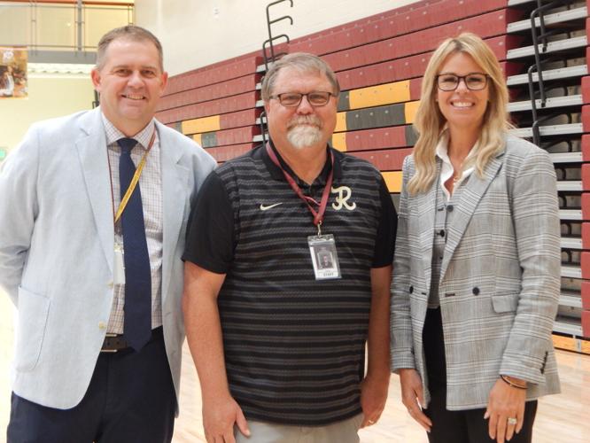 From left, Jefferson Joint School District Superintendent Chad Martin, 2026 Idaho Teacher of the Year Laron Johnson, and Idaho Superintendent of Public Instruction Debbie Critchfield. (Courtesy of Edna Grant / The Jefferson Star)