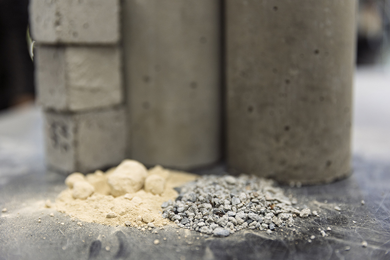 A photo of the precipitated calcium carbonate and upcycled concrete aggregate used in Sweetcrete.