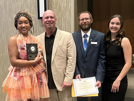 Jodie Schwicht, Jamon Anderson, Leif Tapanila, and Hadley Bodell (left to right) following the Idaho Press Club Awards Ceremony in Boise on May 3, 2025.