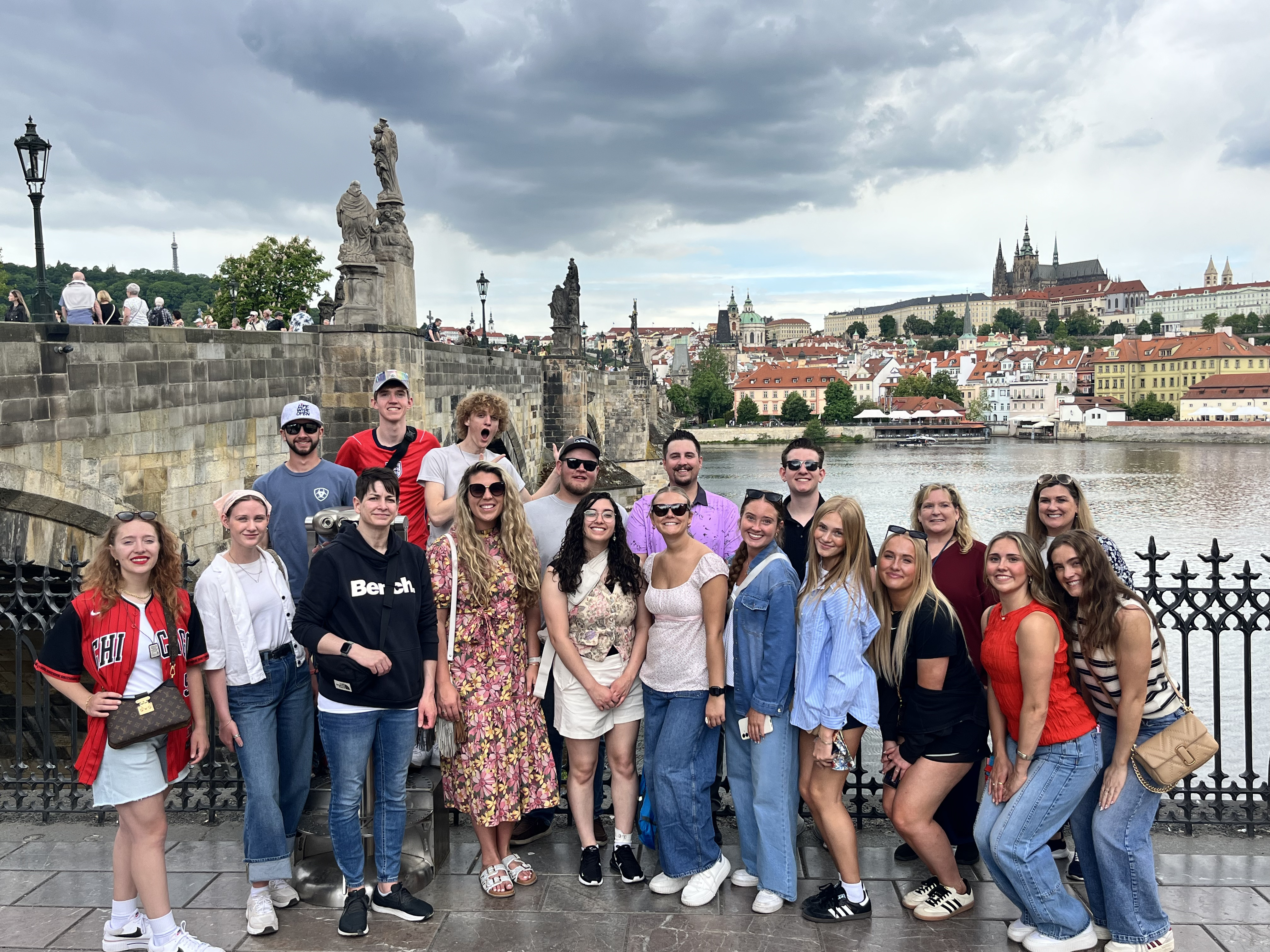 Idaho State University students, faculty, and chaperones pose for a photo in Prague.