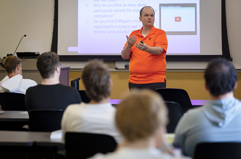 Tyler Burch, professor of management at Idaho State University, teaches a class.