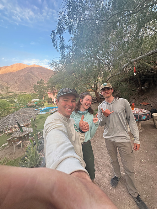 Left to right, Chance Ronemus, Tiana Hursh, and Parker Hazelbush at their campsite near Alto del Carmen in the El Tránsito river valley of Chile.