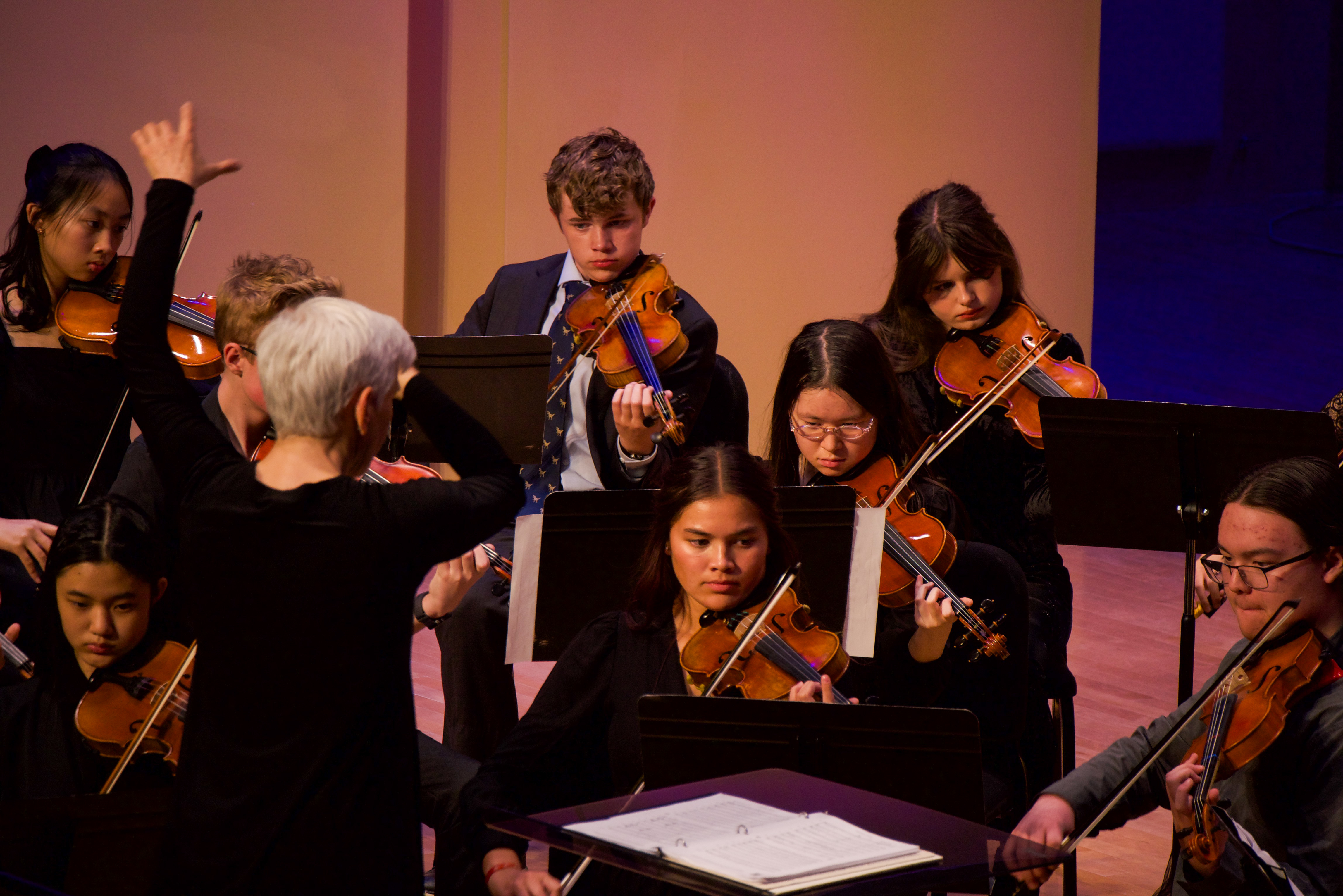 Students perform in a string ensemble with conducter