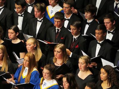 Photo of about 20 of a large group of singers performing.