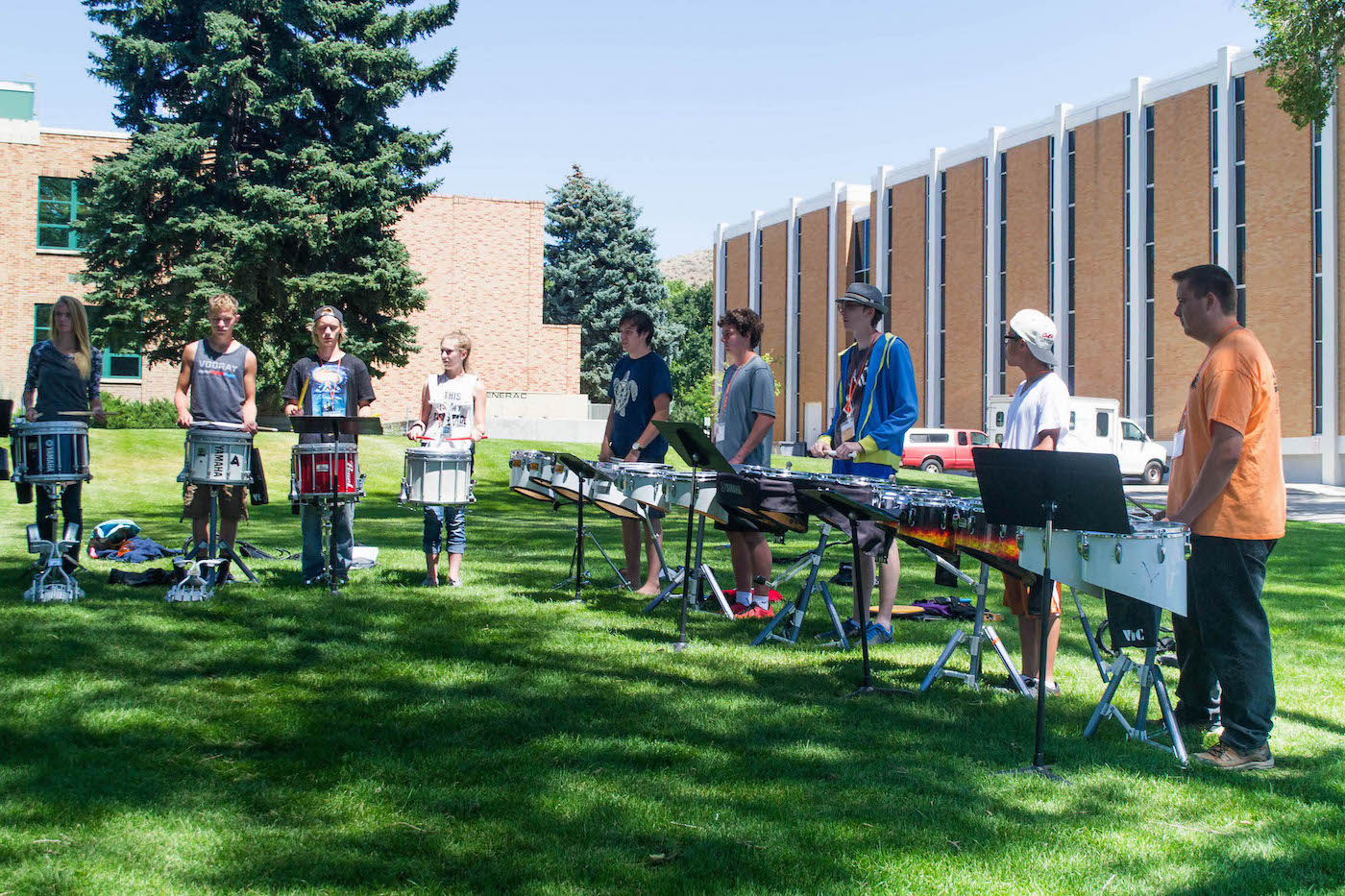 Marching Band Camp participants playing music on the Quad.