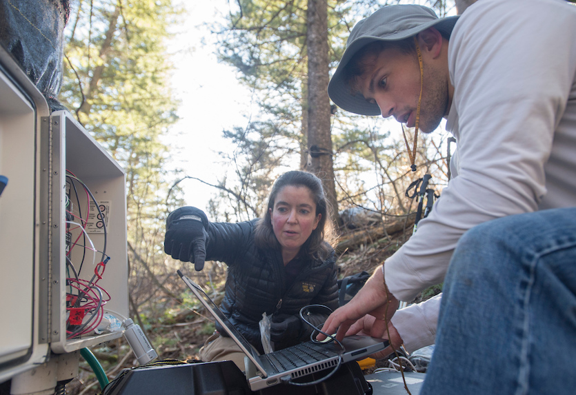 Photo of ISU researchers in the field by some pine trees looking at instruments.