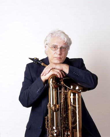 photo of Vinny Golia poses with instrument.